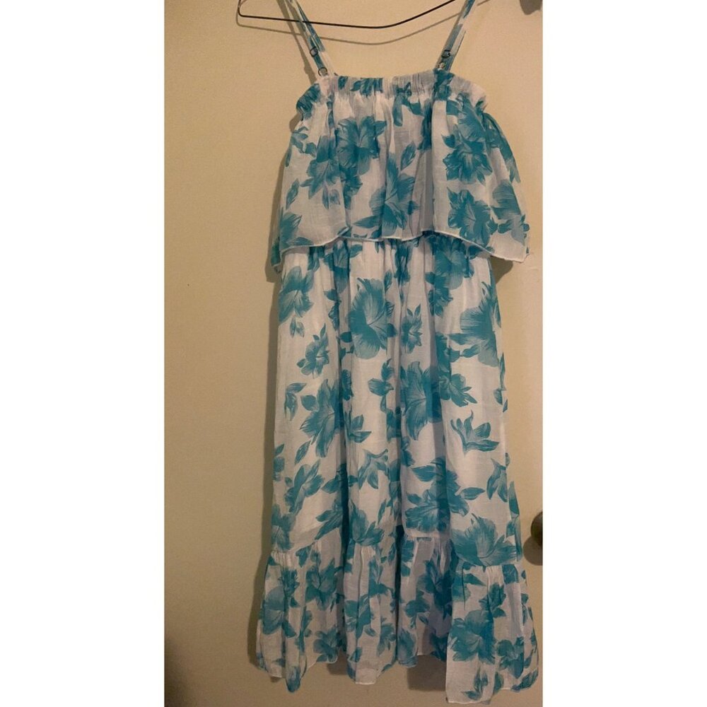 Women’s Blue Floral Hawaiian SunDress Size S Tiered Maxi Spaghetti Strap Festiv - Picture 3 of 7